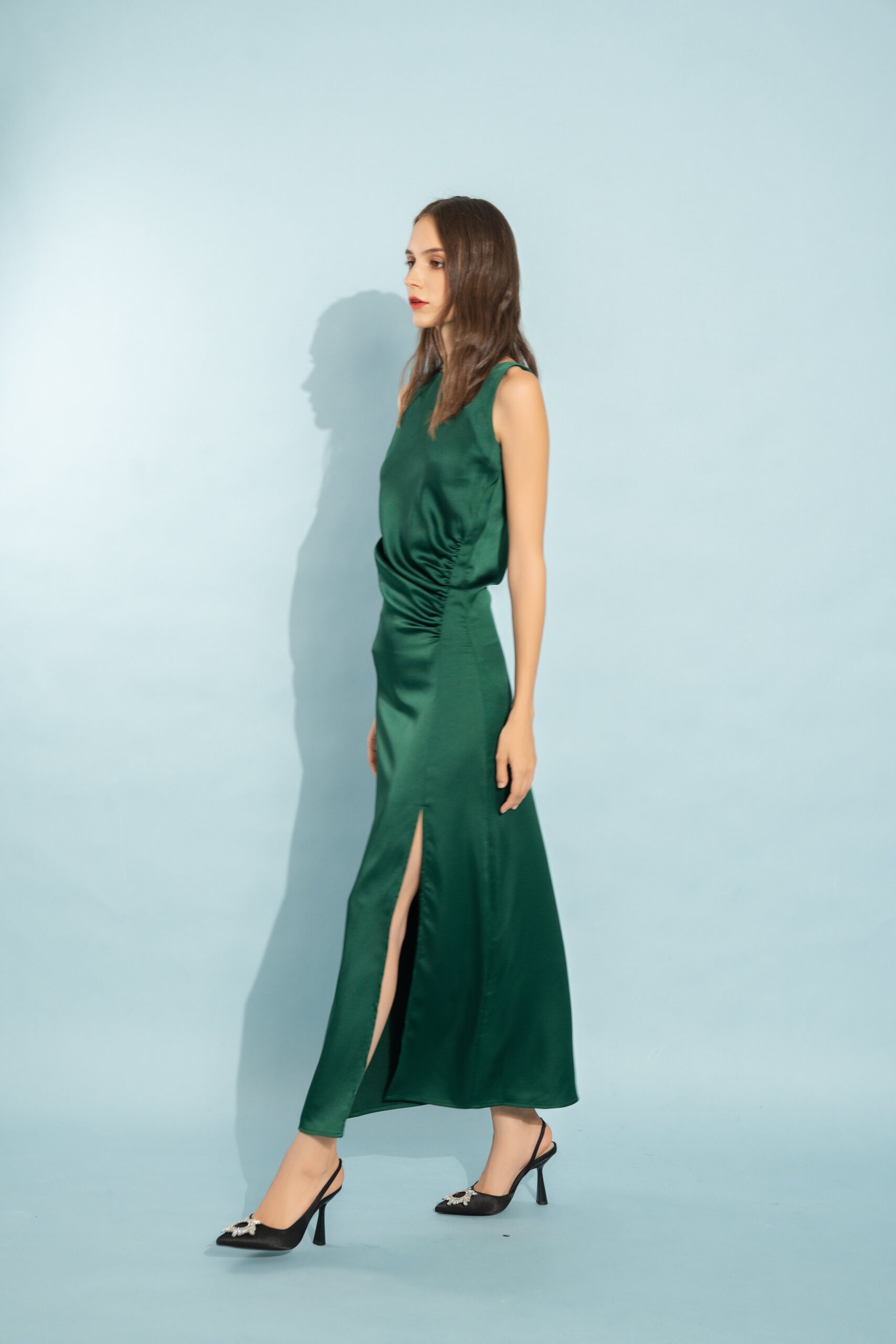 Ruched Side Slit Dress | Dark Green